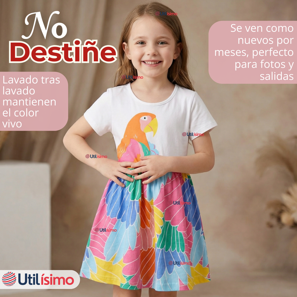 Vestido Manga Corta Casual Loro Multicolor Verano Niña 2 a 7 años