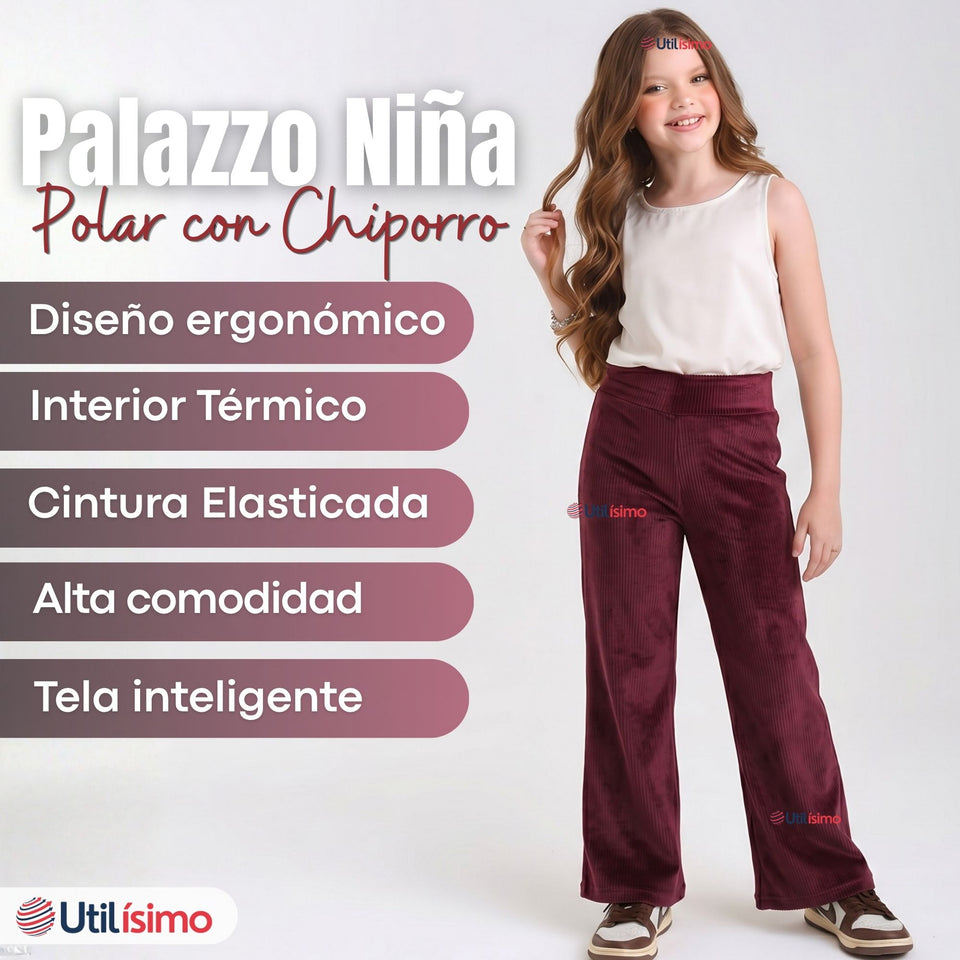 Calza Palazzo Niña Polar Con Chiporro Elasticada Térmica Burdeo