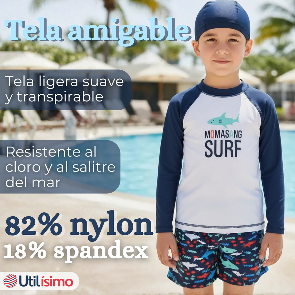 Traje de Baño Con Gorro Pantalón Corto Manga Larga 3 Piezas Corte Split Niño 3 a 9 años Blue Surf