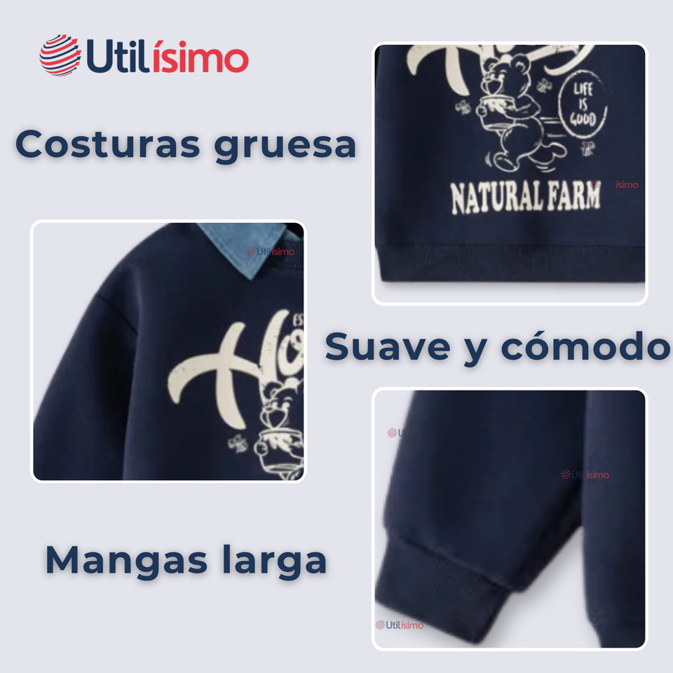 Polerón Estilo Pique Manga Larga Niño 100% Algodón Azul