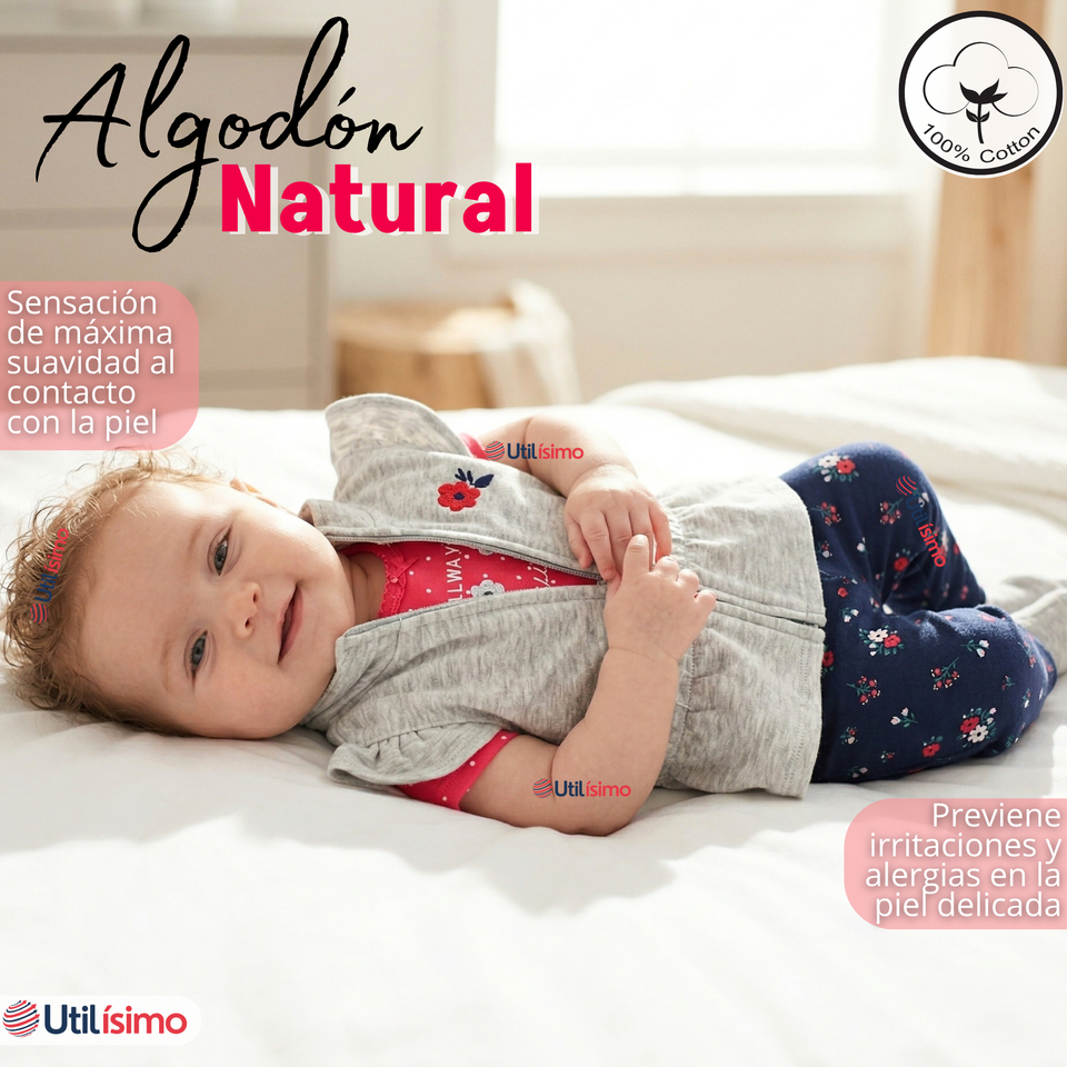 Conjunto 3 Piezas Buzo Pantalón Polerón Body De Algodón Rosado Flores Bebé Niña