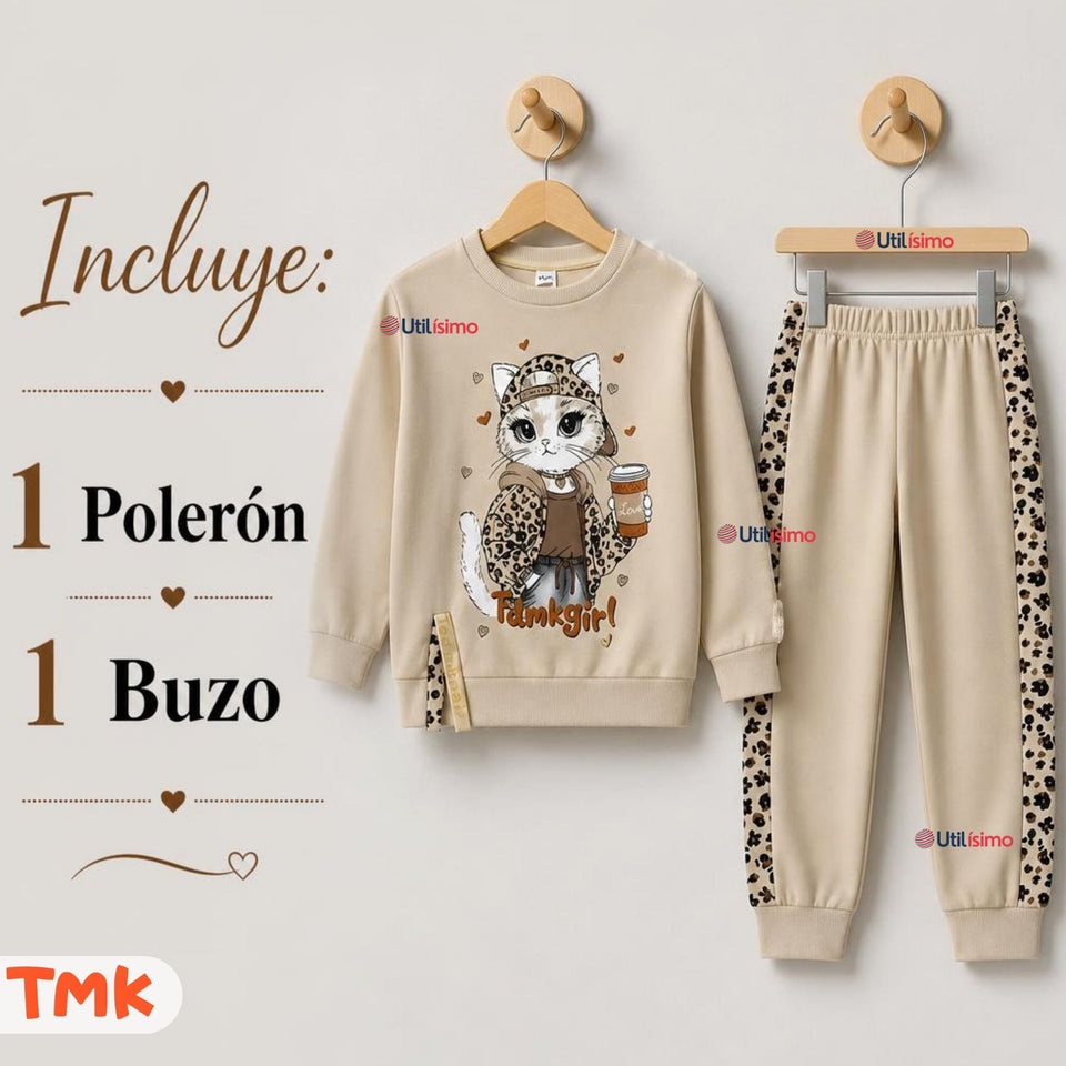 Conjunto 2 Piezas Polerón y Buzo 100% Algodón Tedmimak Niña Cat animal Print