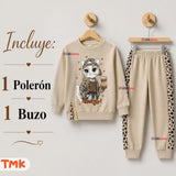 Conjunto 2 Piezas Polerón y Buzo 100% Algodón Tedmimak Niña Cat animal Print