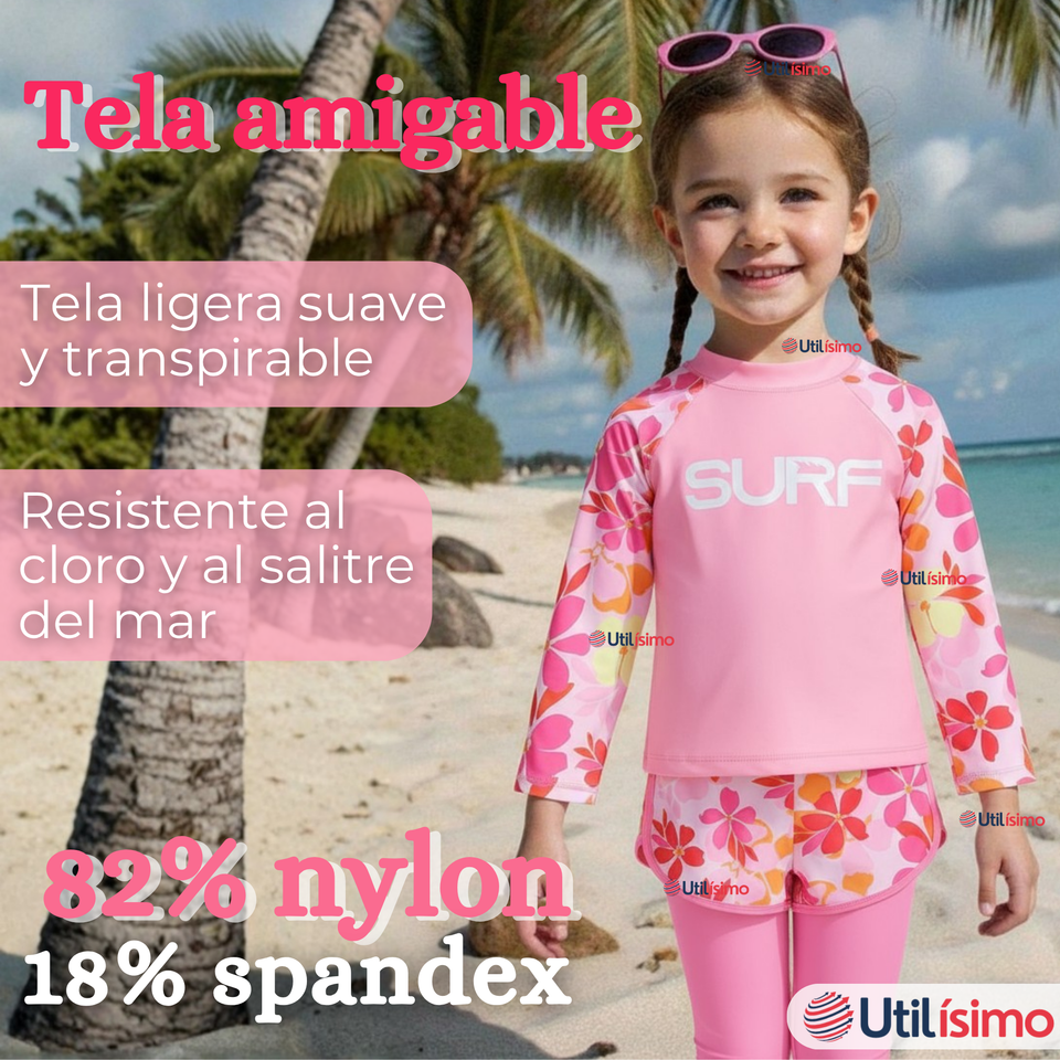 Traje de Baño Manga Larga Pantalón Largo Pantalón Corto 3 Piezas Corte Split Niña 3 a 11 años Pink Flowers