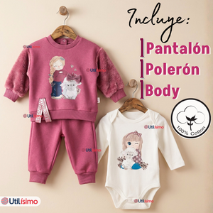 Conjunto 3 Piezas Buzo Pantalón Polerón Body De Algodón Tedmimak Burdeo Bebé Niña