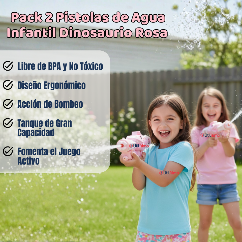 Pack 2 Pistolas Lanza Agua Dinosaurio Color Rosado Juguete 40cm Niña