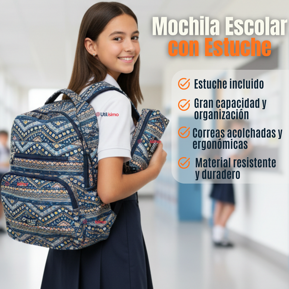 Mochila Escolar Con Estuche 46cm Poliéster Impermeable Niña Juvenil
