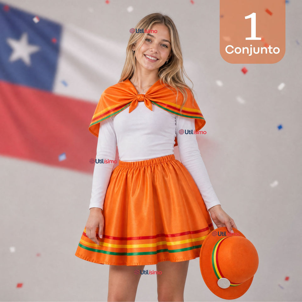 Traje Nortino Juvenil Con Polera 4 Piezas Naranja Baile Típico Fiestas Patrias
