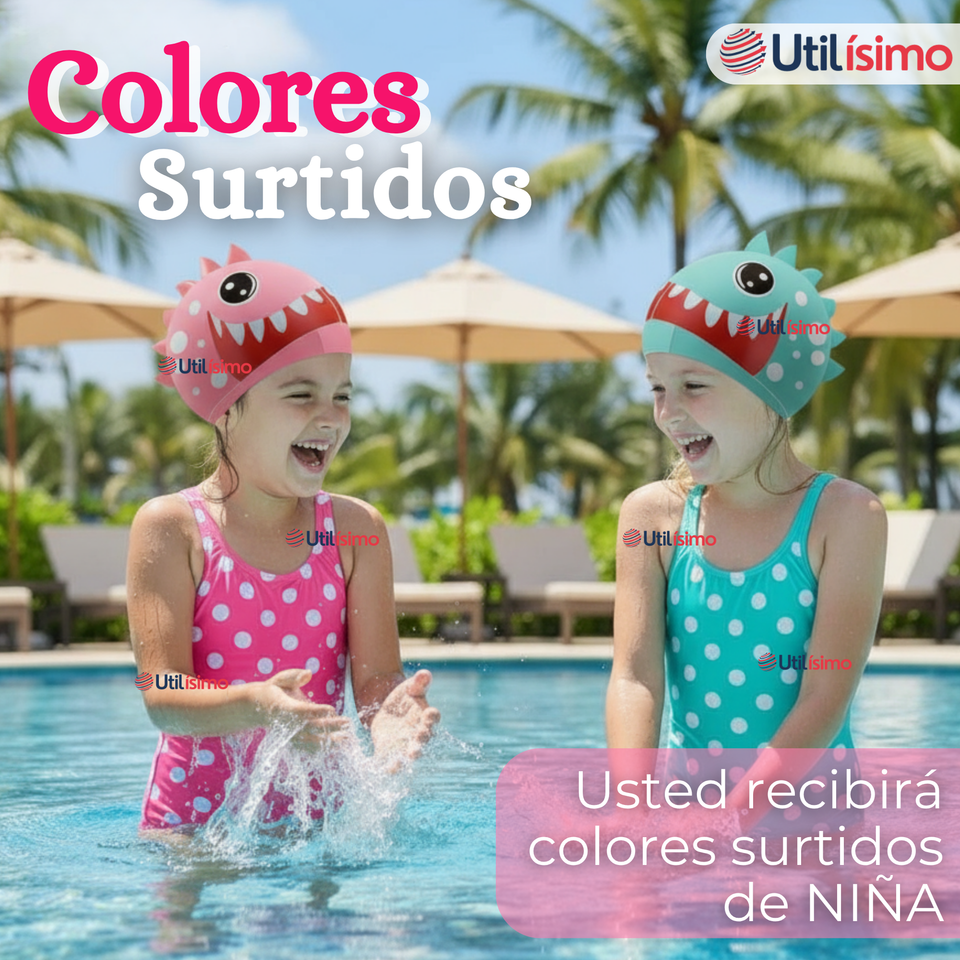 Gorro Gorra Natación Baño Diseño Tiburón Silicona Colores Surtidos 3 Años En Adelante Niña