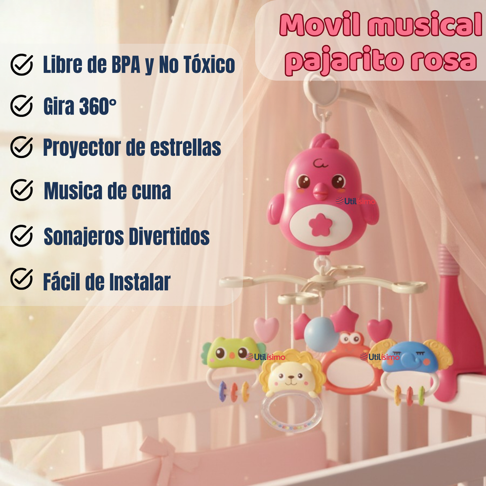 Móvil Giratorio Musical Proyector Bebé Niña Rosado