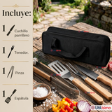 Set Parrilero 4 Piezas Acero Inoxidable Con Estuche Asado Barbacoa Fiestas Patrias
