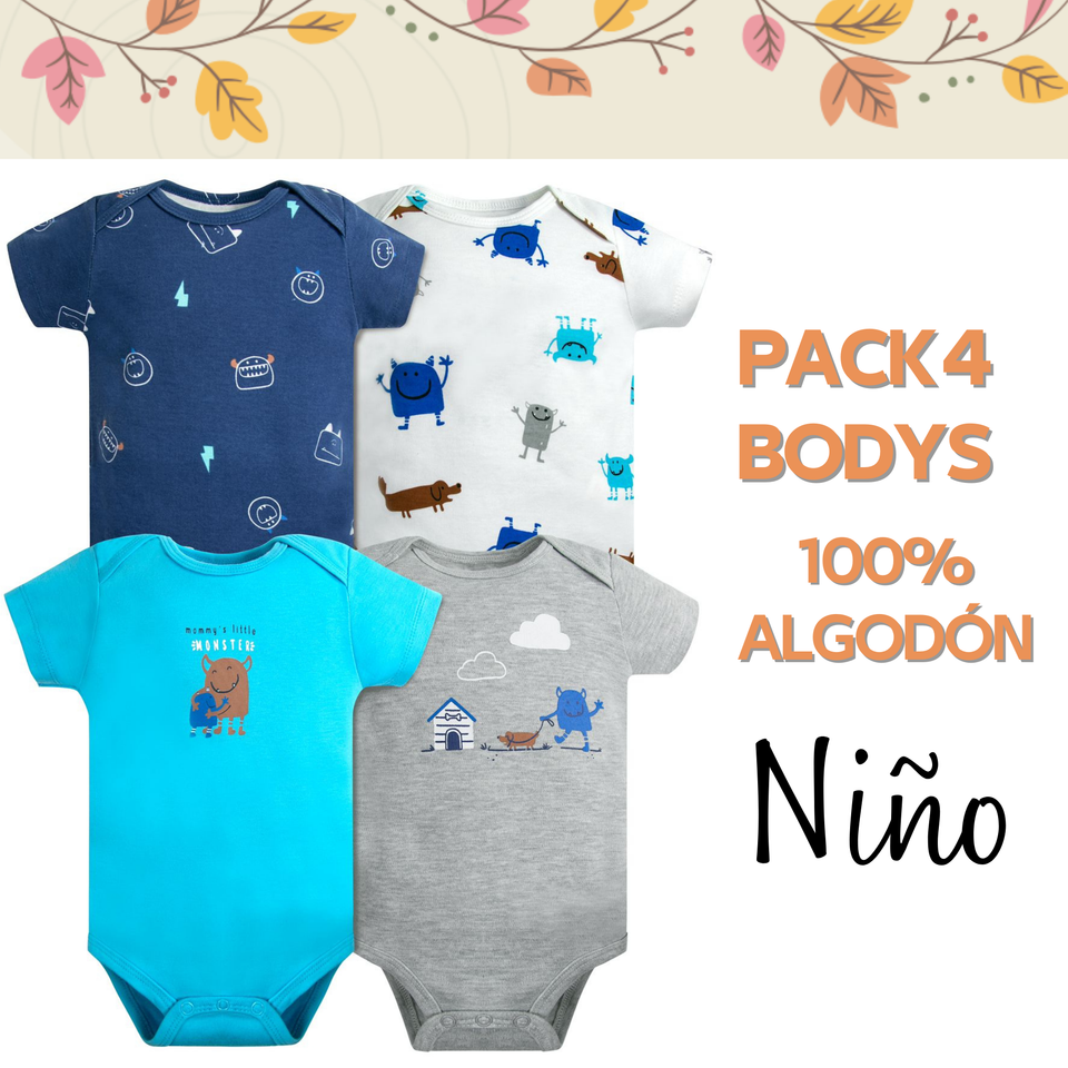 Pack 4 Bodys Niño Manga Corta Tedmimak 100% Algodón Blue Monster