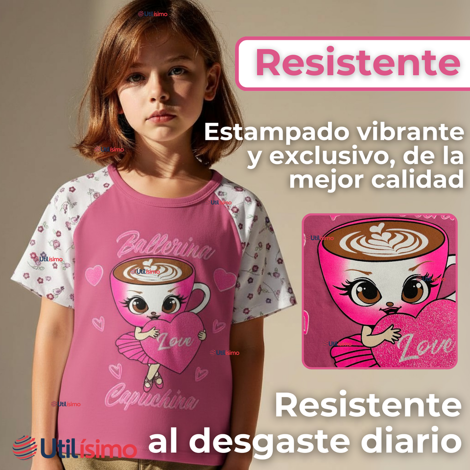 Polera Brainrots 100% Algodón Manga Corta Niña Tralalero Rosado Oscuro