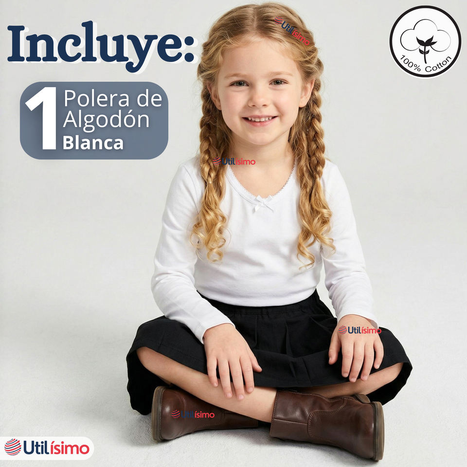 Camiseta Polera Algodón Cuello Redondo Blanca Primera Capa Manga Larga Niña