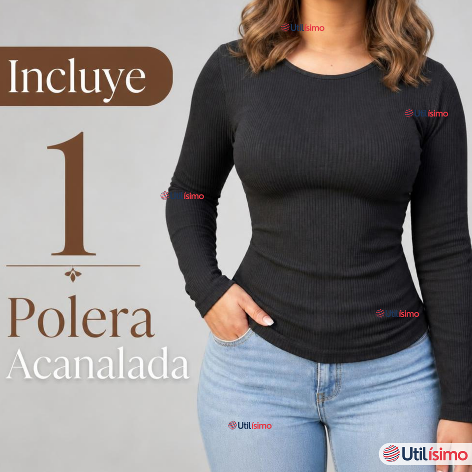 Camiseta Polera Polar Primera Capa Acanalada Reductora Manga Larga Negra Mujer
