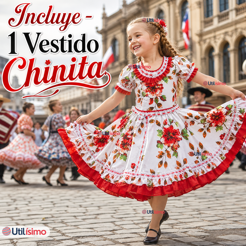 Vestido Chinita Huasa Niña Rojo Floreado Cueca Fiestas Patrias