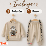 Conjunto 2 Piezas Polerón y Buzo 100% Algodón Tedmimak Bebé Niña Cat Print