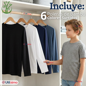 Pack 6 Poleras Camisetas Bambú Cuello Redondo Primera Capa Manga Larga Colores Surtido Niño