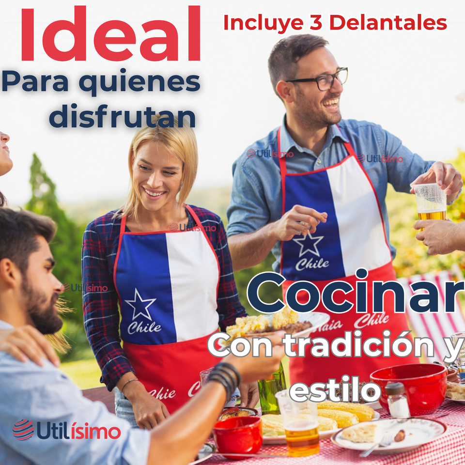 Pack 3 Delantal Cocina Fiestas Patrias Bandera Chilena 60X90 CM Viva Chile