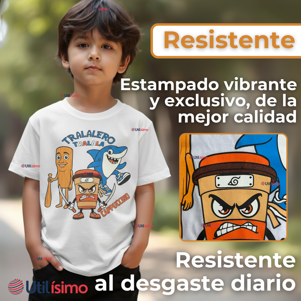 Polera Brainrots 100% Algodón Manga Corta Niño Tralalero Blanco