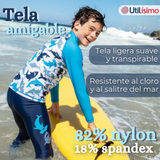 Traje de Baño Con Gorro Pantalón Largo 3 Piezas Corte Split Manga Larga Niño 3 a 11 años White Shark