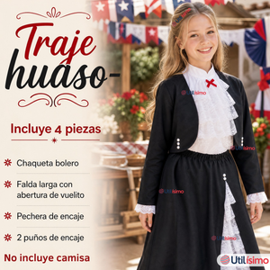 Traje Huasa Elegante Negro Juvenil Conjunto 4 Piezas Típico Fiestas Patrias
