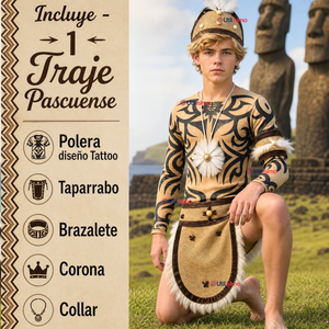 Traje Pascuense Completo 5 Piezas Polera Tatuajes Juvenil Rapa Nui Fiestas Patrias