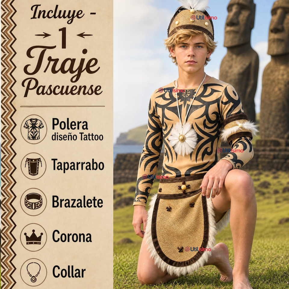 Traje Pascuense Completo 5 Piezas Polera Tatuajes Juvenil Rapa Nui Fiestas Patrias