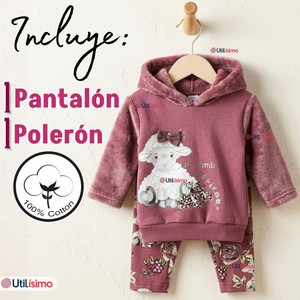 Conjunto 2 Piezas Buzo Pantalón Y Polerón Con Capucha De Algodón Morado Bebé Niña