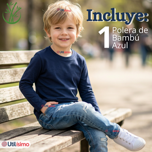 Polera Camiseta Bambú Azul Oscuro Cuello Redondo Primera Capa Manga Larga Niño