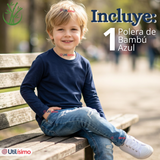 Polera Camiseta Bambú Azul Oscuro Cuello Redondo Primera Capa Manga Larga Niño