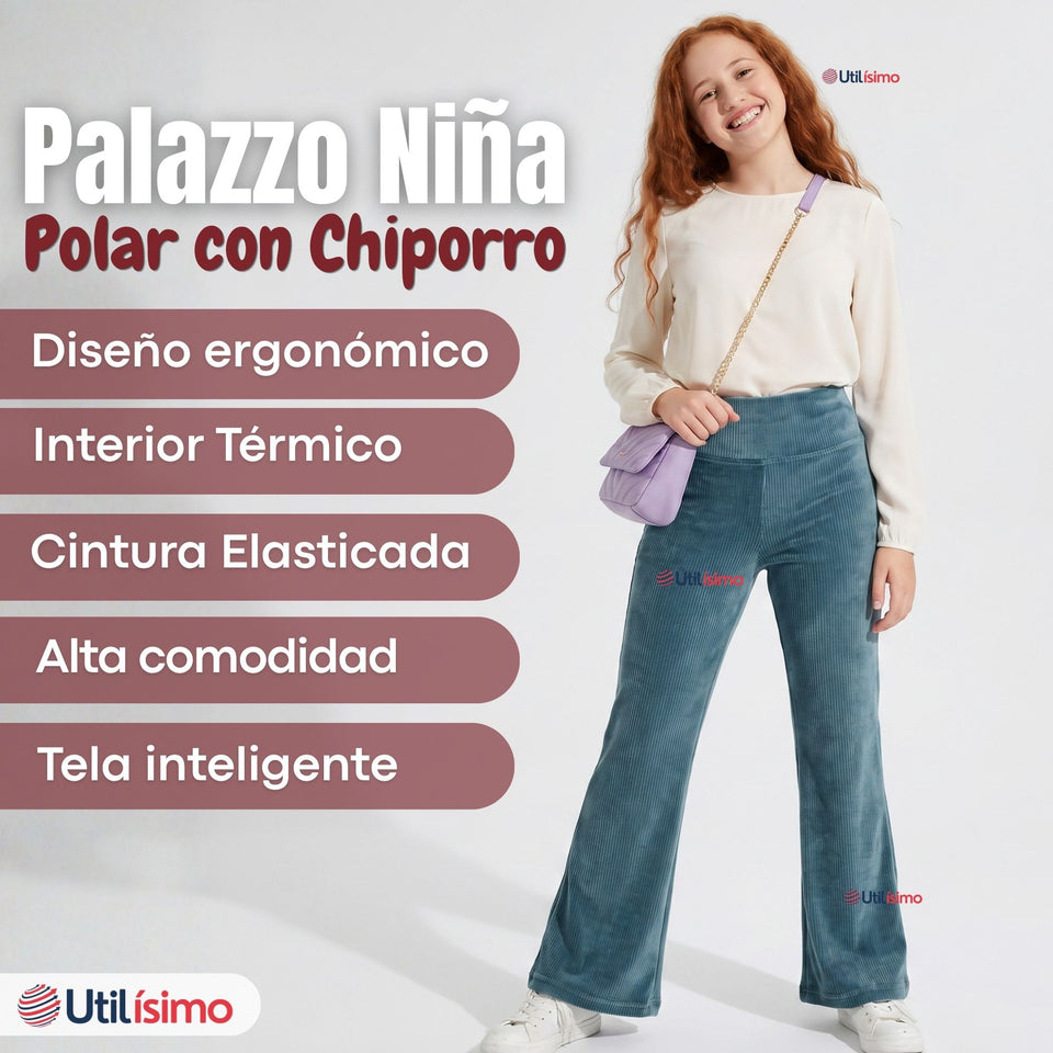 Calza Palazzo Polar Con Chiporro Niña Juvenil  Elasticada Térmica Verde Agua