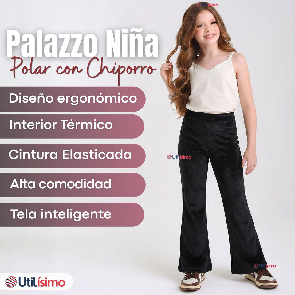 Calza Palazzo Polar Con Chiporro Niña Elasticada Térmica Negra