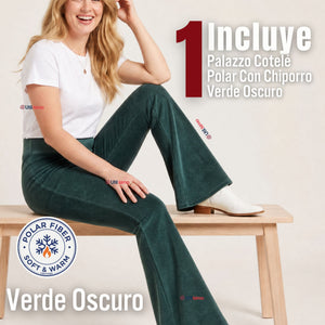 Pantalón Cotelé Palazzo Polar Con Chiporro Elasticado Térmico Verde Oscuro