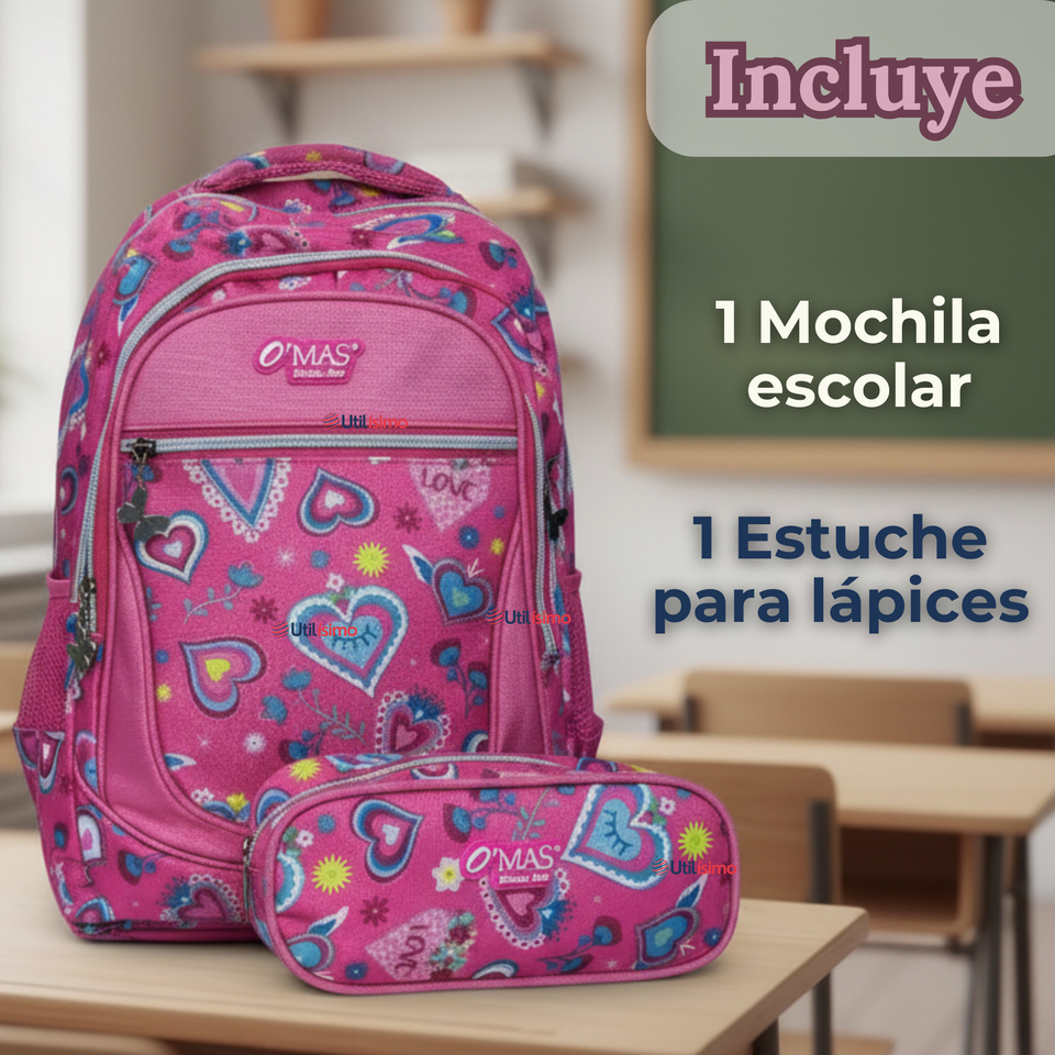 Mochila Escolar Con Estuche 36cm Tela Oxford Impermeable Niña