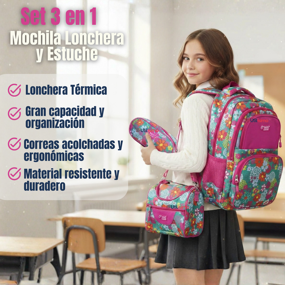 Mochila Escolar Kit Con Estuche y Lonchera 43cm Tela Oxford Niña
