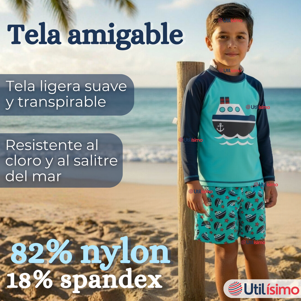 Traje de Baño Manga Larga Pantalón Corto 2 Piezas Corte Split Niño 3 a 9 años Blue Boat