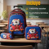 Mochila Escolar Con Ruedas + Estuche + Lonchera Poliéster Oso Niño