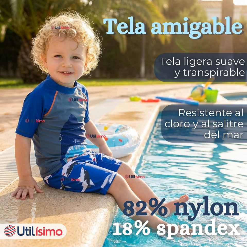 Traje de Baño Pantalón Corto Manga Corta 2 Piezas Corte Split Niño 2 a 4 años Blue Shark