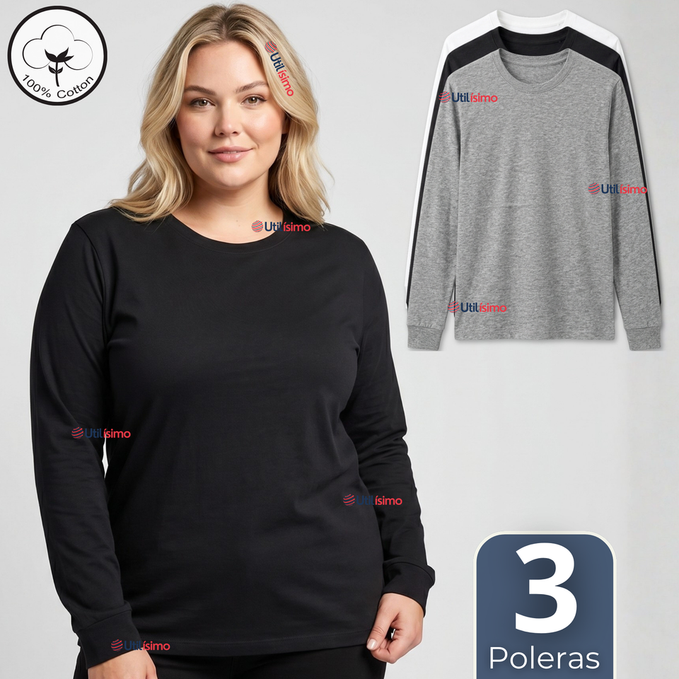 Pack 3 Camisetas Poleras 100% Algodón Manga Larga Cuello Redondo Primera Capa Mujer