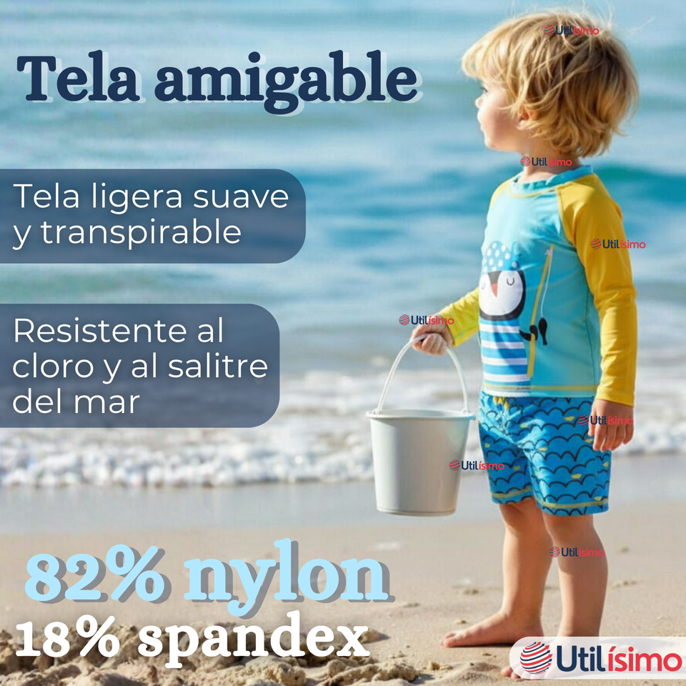 Traje de Baño Manga Larga Pantalón Corto 2 Piezas Corte Split Niño 3 a 9 años Blue Penguin