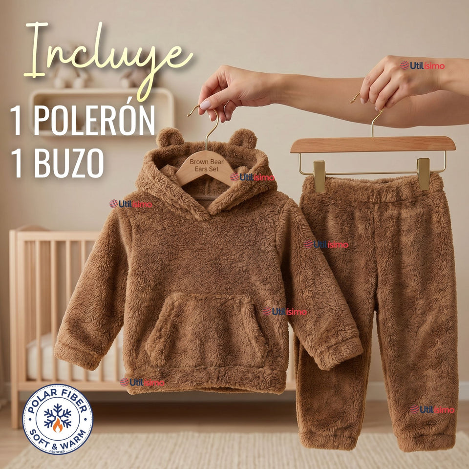 Buzo Polerón Conjunto Polar Niño Con Capucha Unicolor Café