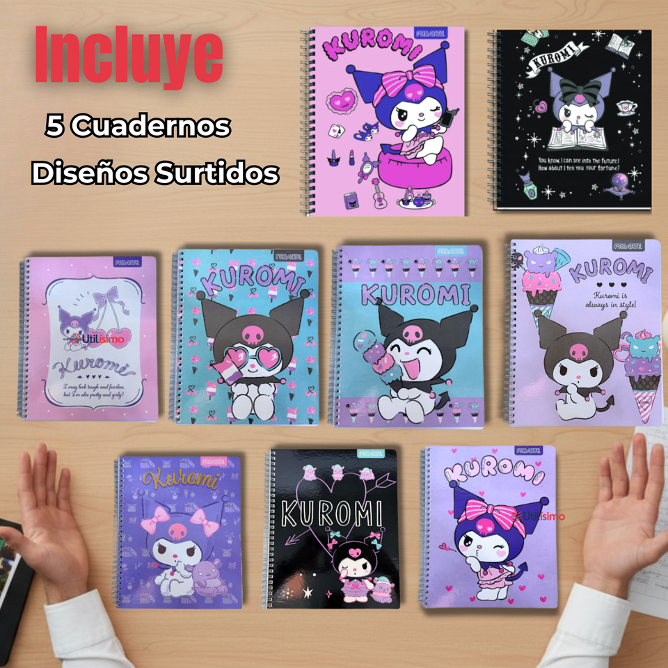 Pack 5 Cuadernos Universitarios Kuromi Proarte 7mm 100 Hojas Diseños Surtidos