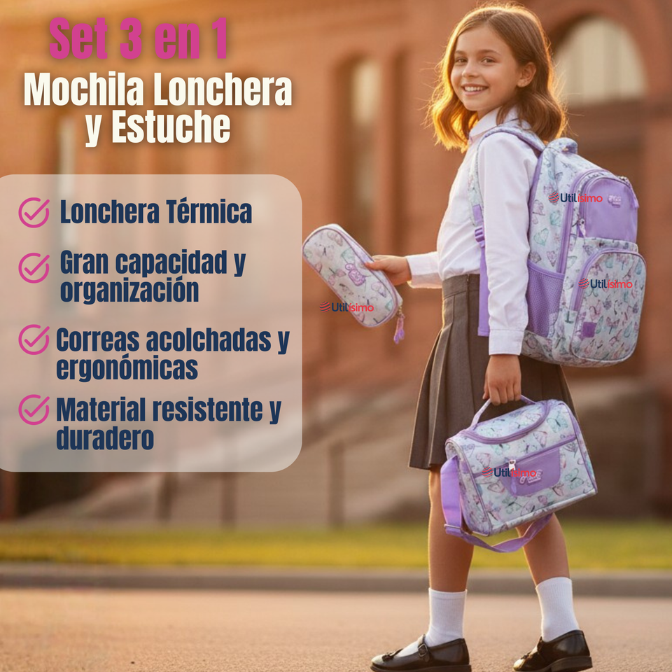 Mochila Escolar Kit Con Estuche y Lonchera 43cm Tela Oxford Niña