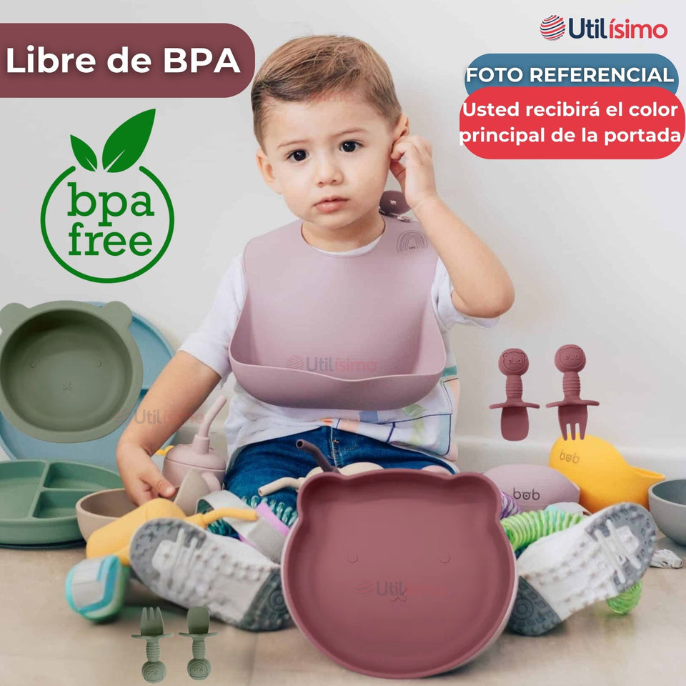 Set De Alimentación Bebé Silicona 5 Piezas De Osito Libre BPA Colores Surtidos