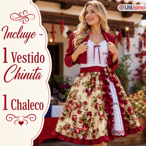 Vestido Chinita Huasa Mujer 2 Piezas Burdeo Floreado Cueca Fiestas Patrias