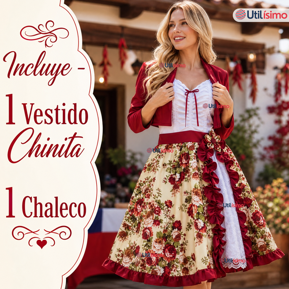 Vestido Chinita Huasa Mujer 2 Piezas Burdeo Floreado Cueca Fiestas Patrias