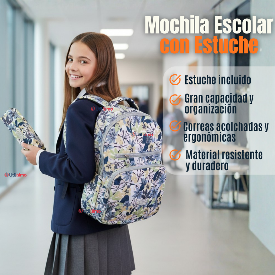 Mochila Escolar Con Estuche 46cm Poliéster Impermeable Niña Juvenil