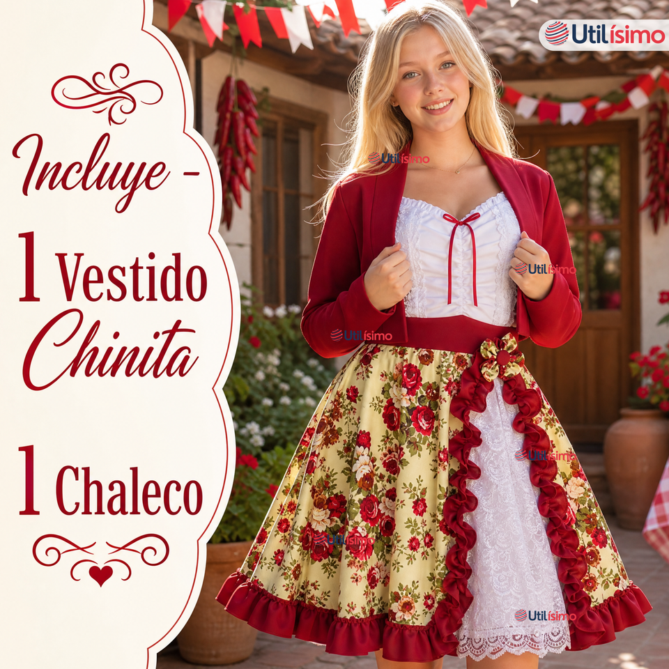 Vestido Chinita Huasa Juvenil 2 Piezas Burdeo Floreado Cueca Fiestas Patrias