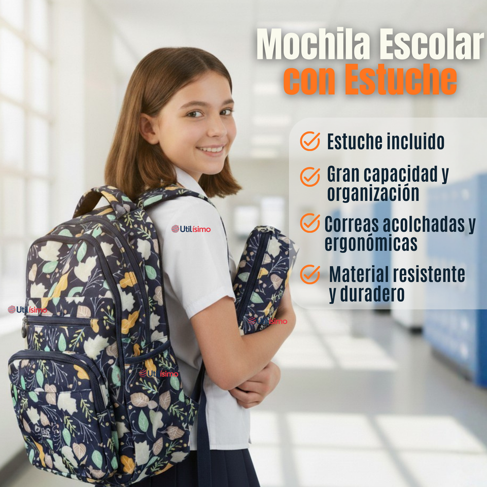 Mochila Escolar Con Estuche 46cm Poliéster Impermeable Niña Juvenil